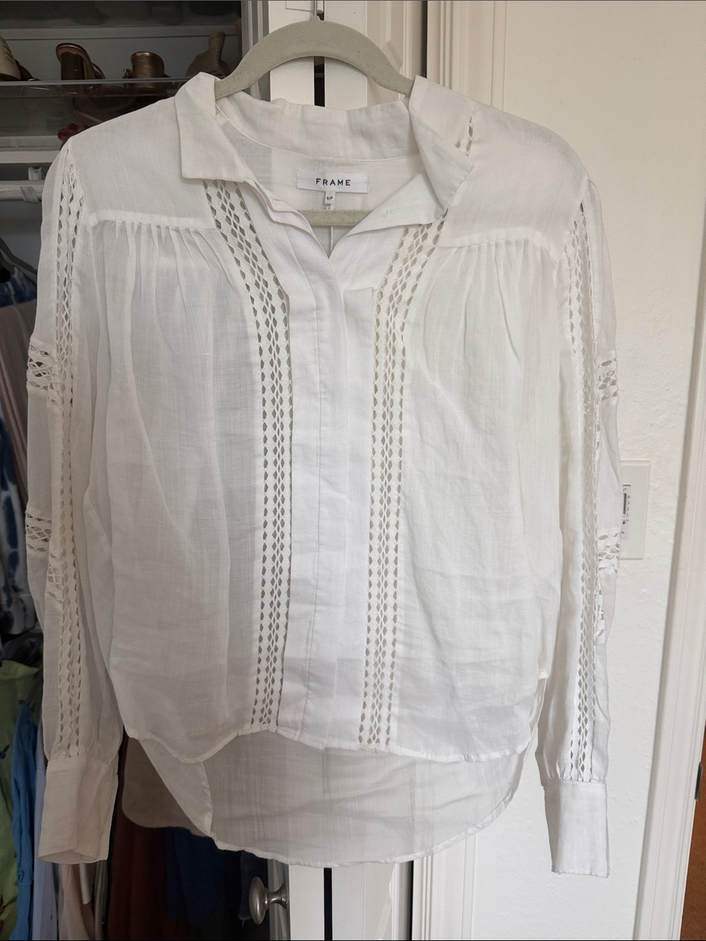 Frame Denim White Lace-Trim Button Front Blouse